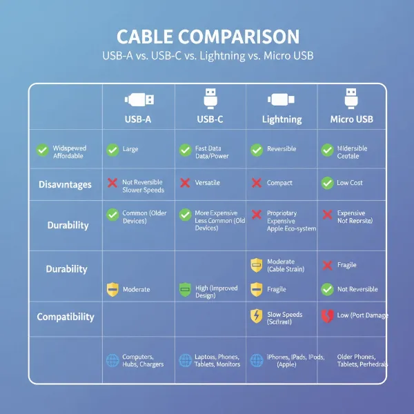An illustrative chart comparing different charging cable types with icons representing their features