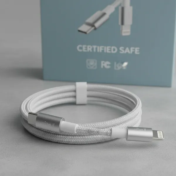 Illustrative representation of safety certifications on charging cables.