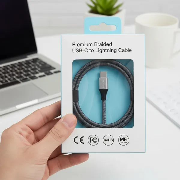 A hand holding a charging cable with various safety certification logos visible on its packaging