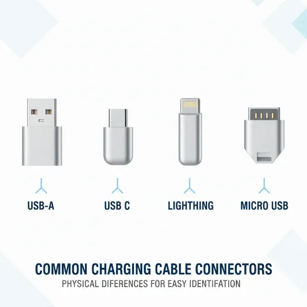 Detailed illustration of USB-A, USB-C, Lightning, and Micro USB charging cable connectors.