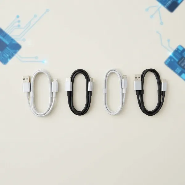 Various charging cable connectors including USB-A, USB-C, Lightning, and Micro USB, against a blurred tech background