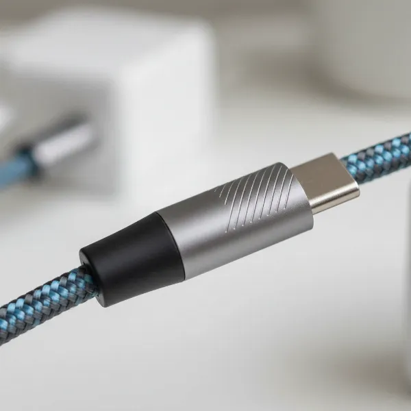 A close-up of a durable braided nylon charging cable, showcasing reinforced connectors and a flexible, robust texture.