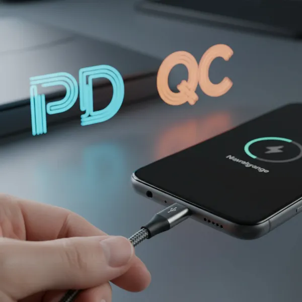 A charging cable plugged into a smartphone, with icons representing fast charging standards like USB Power Delivery (PD) and Quick Charge (QC) floating around, symbolizing compatibility and speed