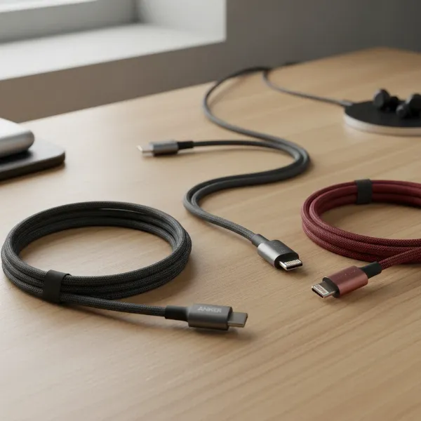 A collection of premium, braided charging cables from reputable brands neatly arranged on a modern desk