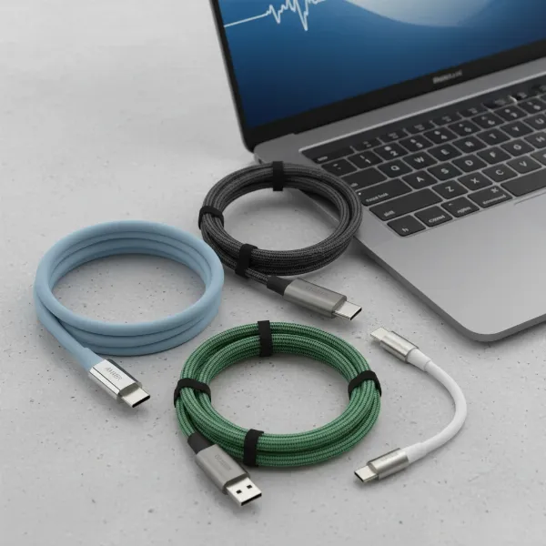 A close-up of several top-rated USB-C charging cables from various brands, neatly coiled and displayed next to a modern laptop, highlighting their robust construction and premium feel.
