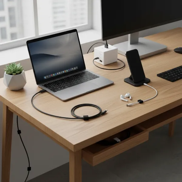 A neat workspace with various charging cables of different lengths and designs, charging multiple devices